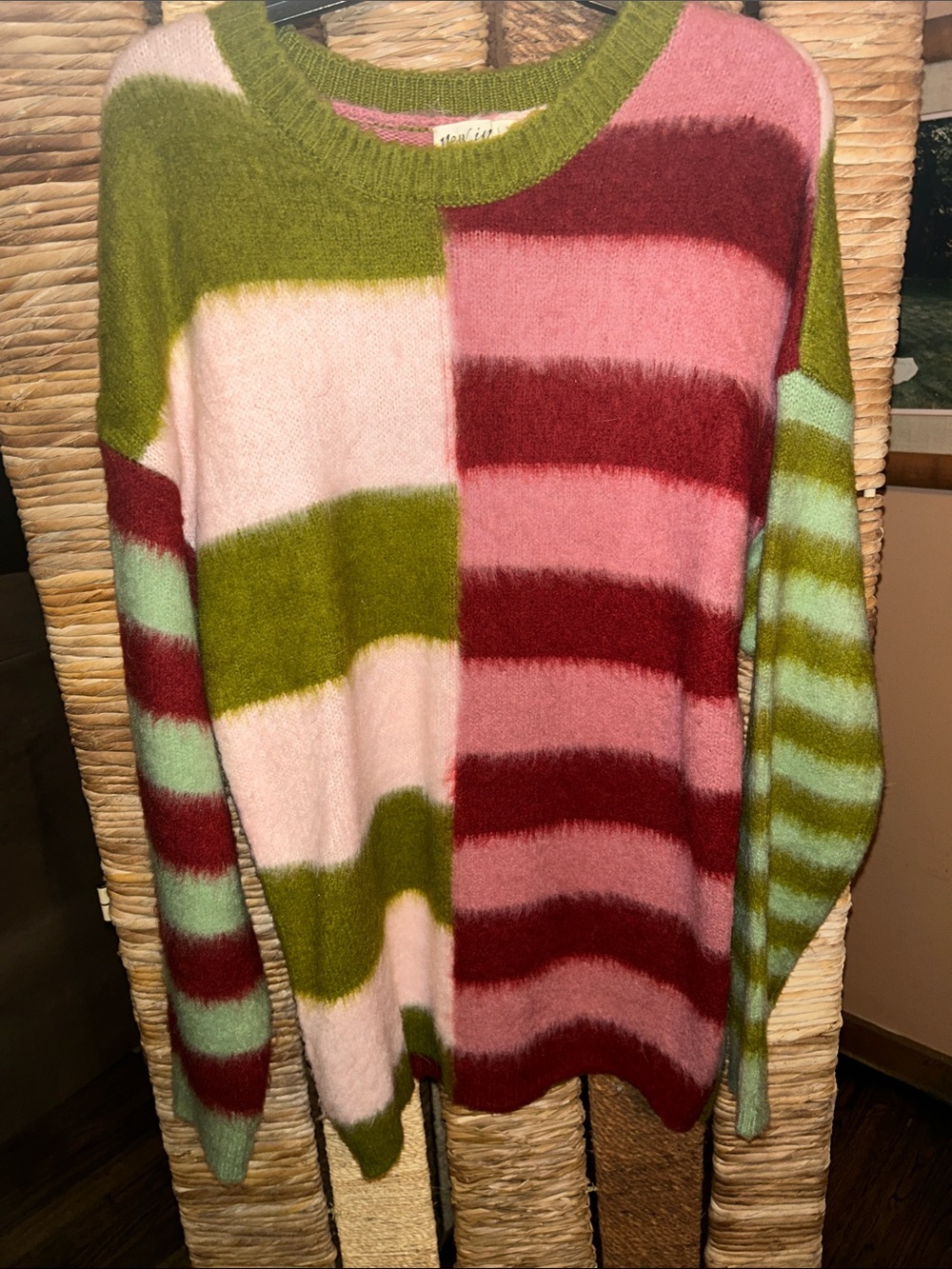 Colorblock Striped Crewneck Sweater - Pinks, Olive & Red